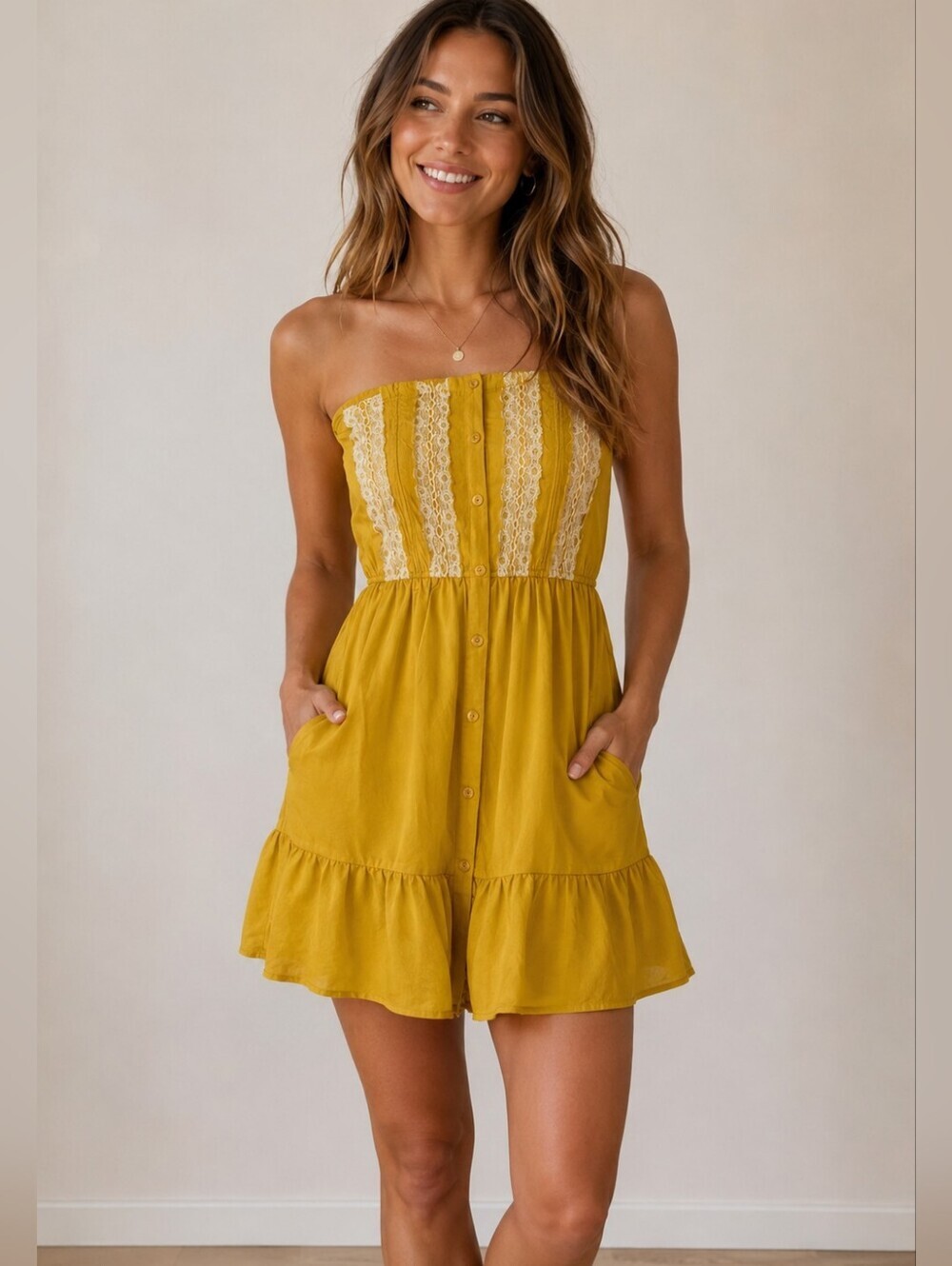 Flying Tomato Strapless Dress with Cream Lace